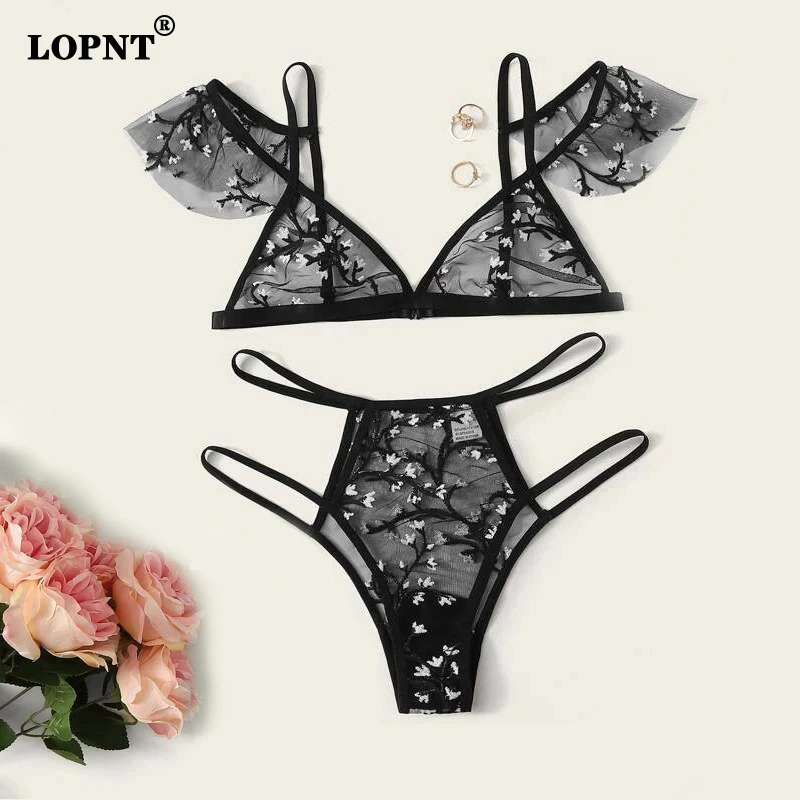 LOPNT Sexy underwear women set Floral Embroidery Sheer Mesh Lingerie Set no bra Backless Bralette sexi Intimates lace bra set