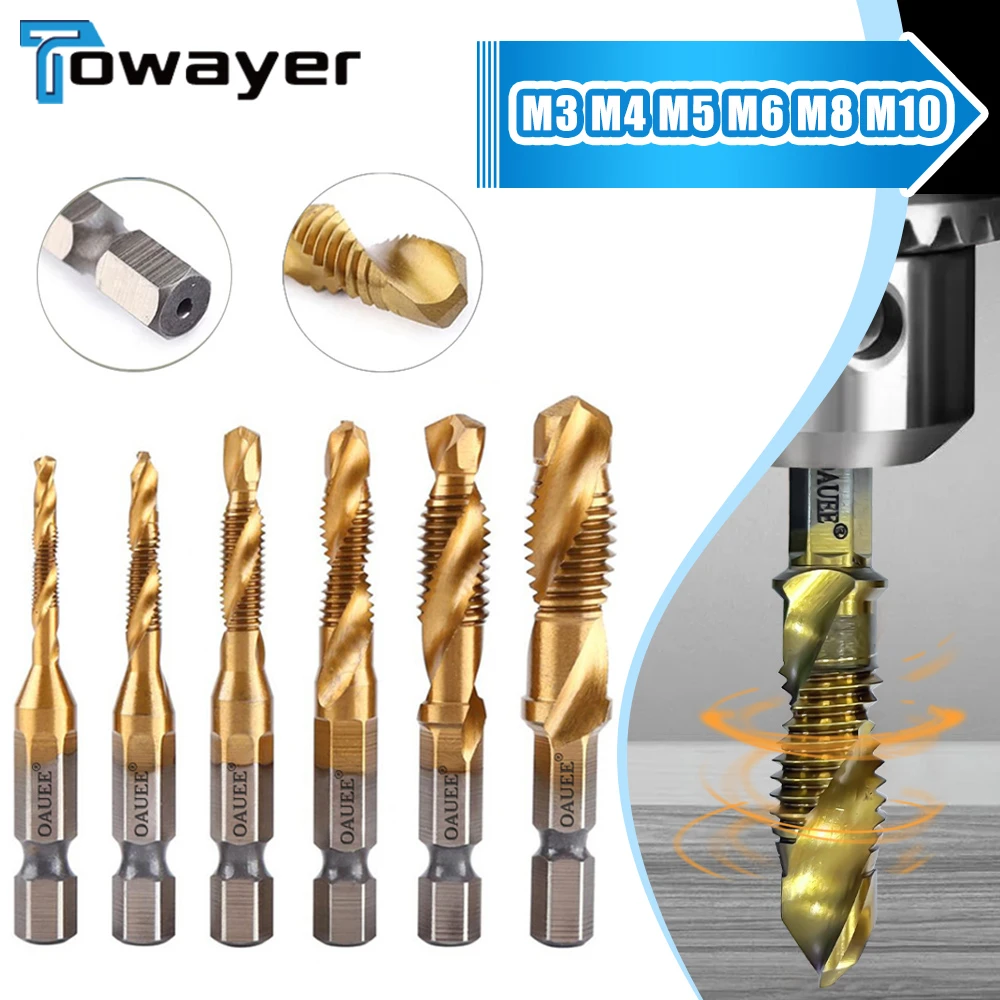 6pcs Titanium Plated Hex Shank HSS Screw Thread Metric Tap Drill Bits Screw Machine Compound M3 M4 M5 M6 M8 M10 Hand Tools