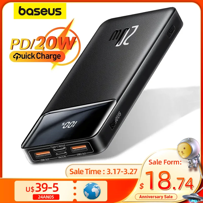 Baseus Power Bank 20000mAh Portable Charger Powerbank 10000 External Battery PD 20W Fast Charging For iPhone 13 Xiaomi PoverBank