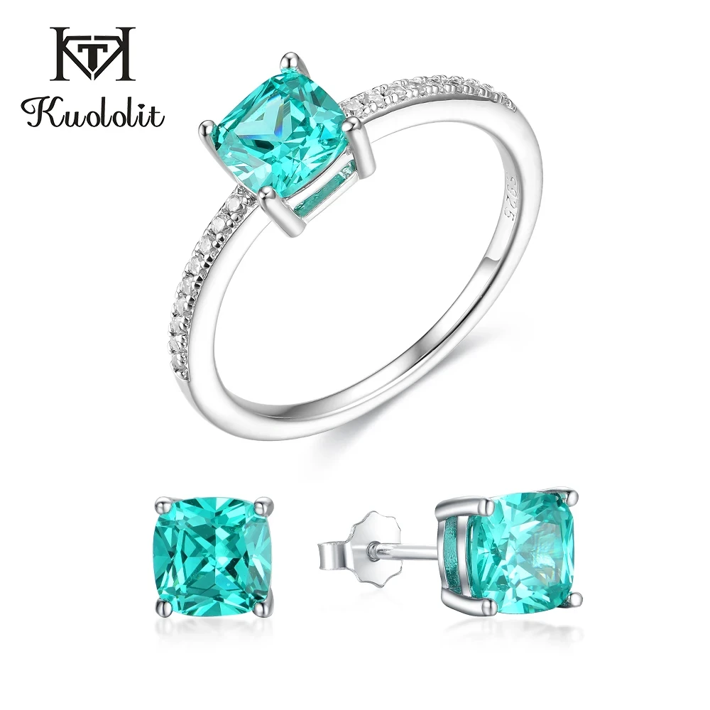 Kuololit Mint Sapphire Paraiba Tourmaline Gemstone Jewelry Sets for Women Solid 925 Sterling Silver Ring Earrings Engagement