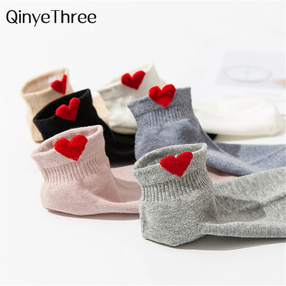 INS New Cute 3D Red Love Heart Ankle Socks Women's Funny Happy Summer Fresh Literary Solid Color College Style Short Sock 1 Pair