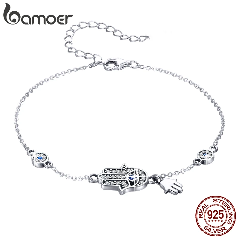 BAMOER Authentic 925 Sterling Silver Hand of Fatima Chain Link Bracelets for Women Lobster Clasp Classic Bracelet Jewelry SCB079