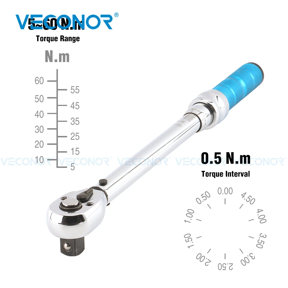 5-60N.m 1/2 &3/8 Inch 12.5mm&10mm Square Drive Preset Adjustable Torque Wrench Spanner Tool