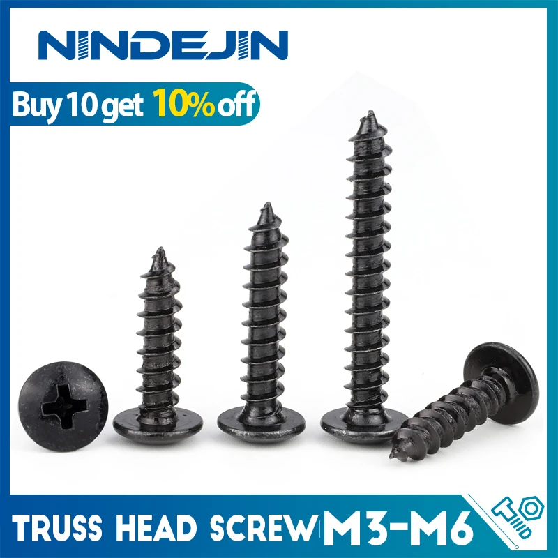 NINDEJIN 50/100pcs Cross Phillips Truss Head Self-tapping Screw Carbon Steel cabinet screw M3 M3.5 M4 Mushroom Head Wood Screw