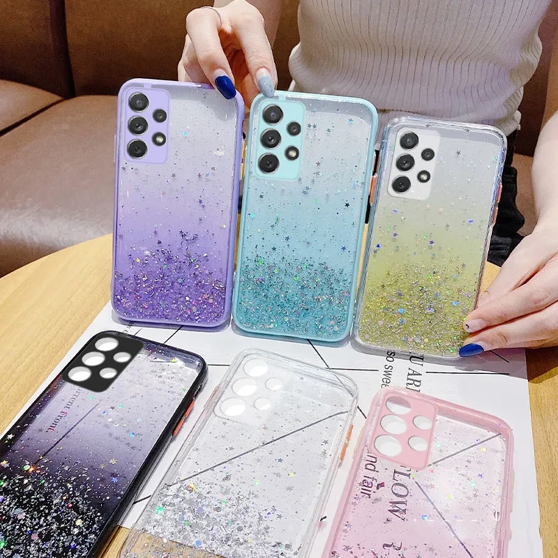 Clear Glitter Phone Case For Samsung Galaxy A32 4G A52 A72 5G SS20 Plus Ultra A42 A21S Gradient Rainbow Sequins Cover Coque