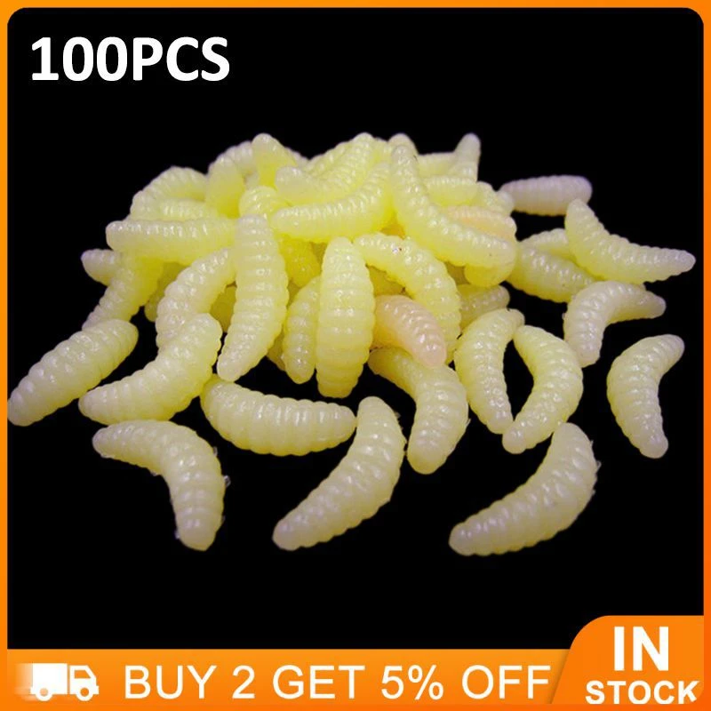 100PCs Lifelike Soft Worm Maggot 2.4cm Fishing Lures Yellow Simulation Bait Maggot Grub Worms Fishing Lures