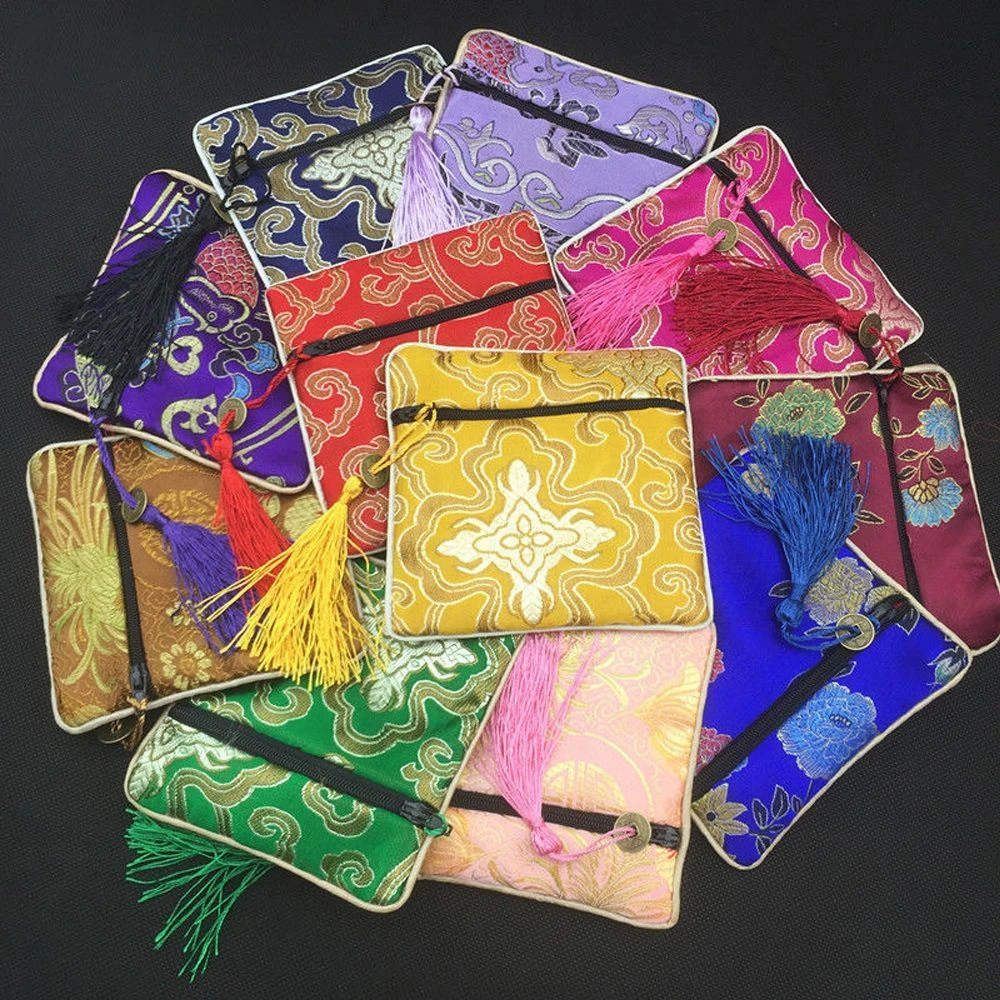 1Pc Handmade Tassel Rectangle Zipper Gift Coin Purse Chinese Style Silk Brocade Jewelry Bag Trinket Comb Cosmetic Storage Pouch