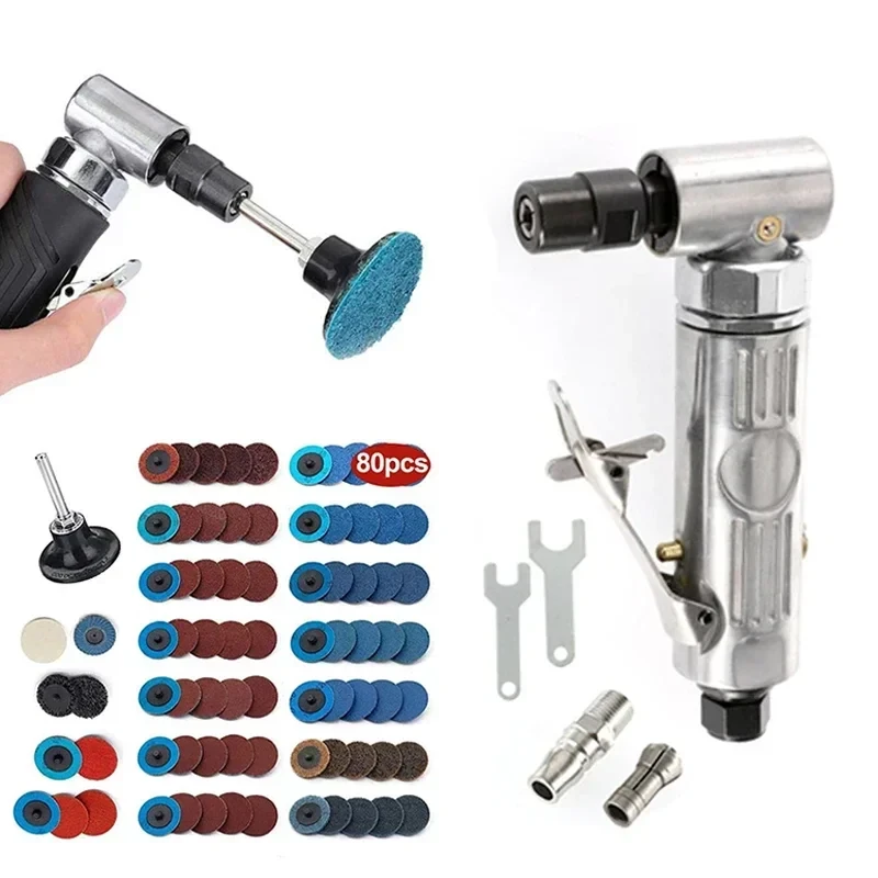 Poratble Mini 1/4 Air Angle Die Grinder 90 Degree Pneumatic Grinding Polisher Mill Engraving Machine with Sanding Discs Tool Kit