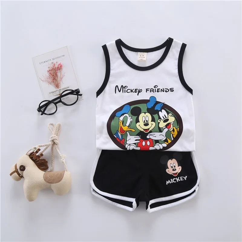 Summer Cartoon Mickey Mouse Donald Kids Boy Clothes Sleeveless Top+Pant Shorts 2Pcs Set Baby Boy Clothing Set Fashion Sport Suit