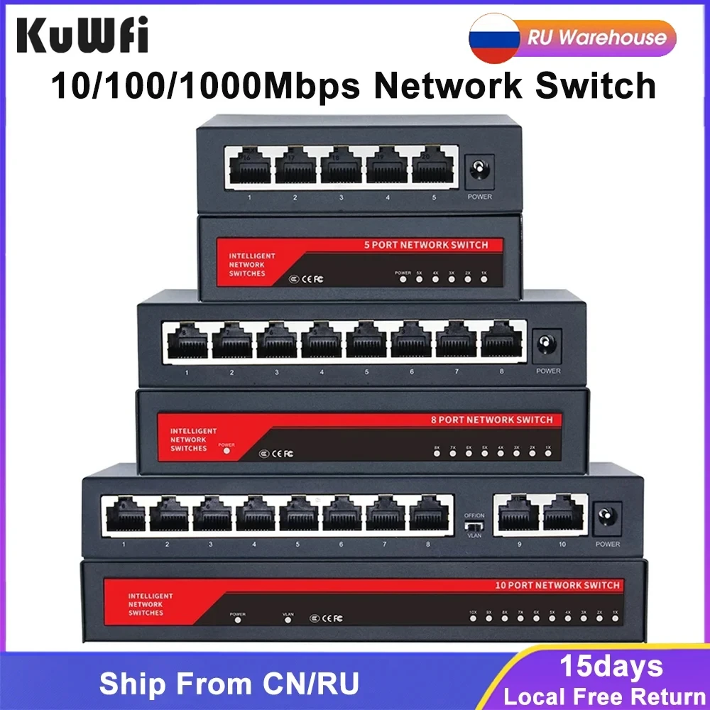 KuWFi Gigabit Network Switch 10/100/1000Mbps 5/8/10 Port RJ45 LAN Hub Desktop Fast Ethernet Switch for Office Dormitories Home