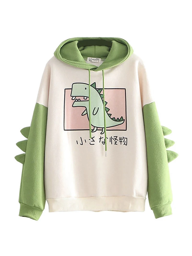 Dinosaur Oversized Cartoon Hoodie Women Fashion Sweatshirt Casual Print Korean Style Thicken Sweatshirt Winter dino hoodie Tops