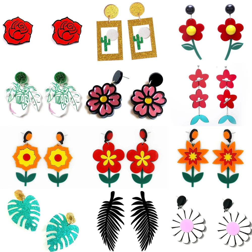 Fashion Lovely Flower Daisy Rose Cactus Drop Earrings for Women Girls Acrylic Plant Dangle Earrings Female Brincos Jewelry