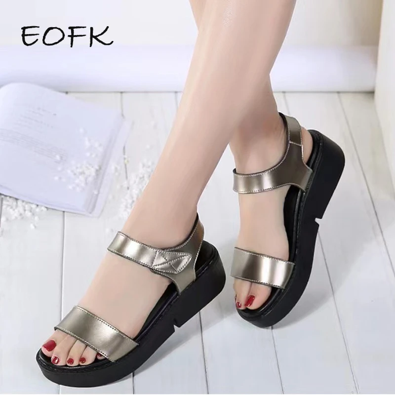 EOFK 2021 Fashion Summer Women Sandals Flat Platform Golden Leather Comfort Casual Punk Shoes Lady Sandals Woman