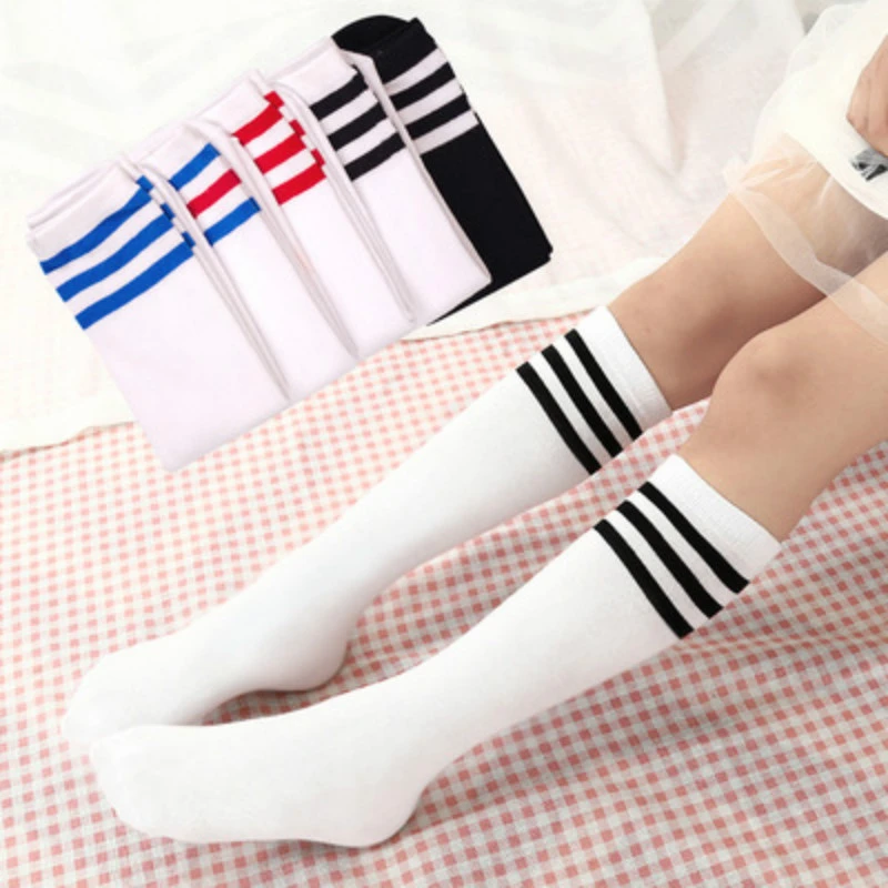 Kids Knee High Socks Girls Boys Football Stripes Cotton Sports School White Socks Skate Children Baby Long Tube Leg Warm