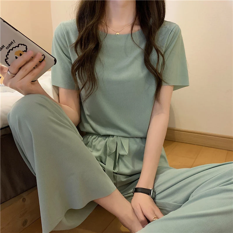 QWEEK Summer Suit for Women French Solid Color Ice Silk Sleepwear Pajamas Two Piece Set Home Wear Nightwear Comfortable Pyjamas