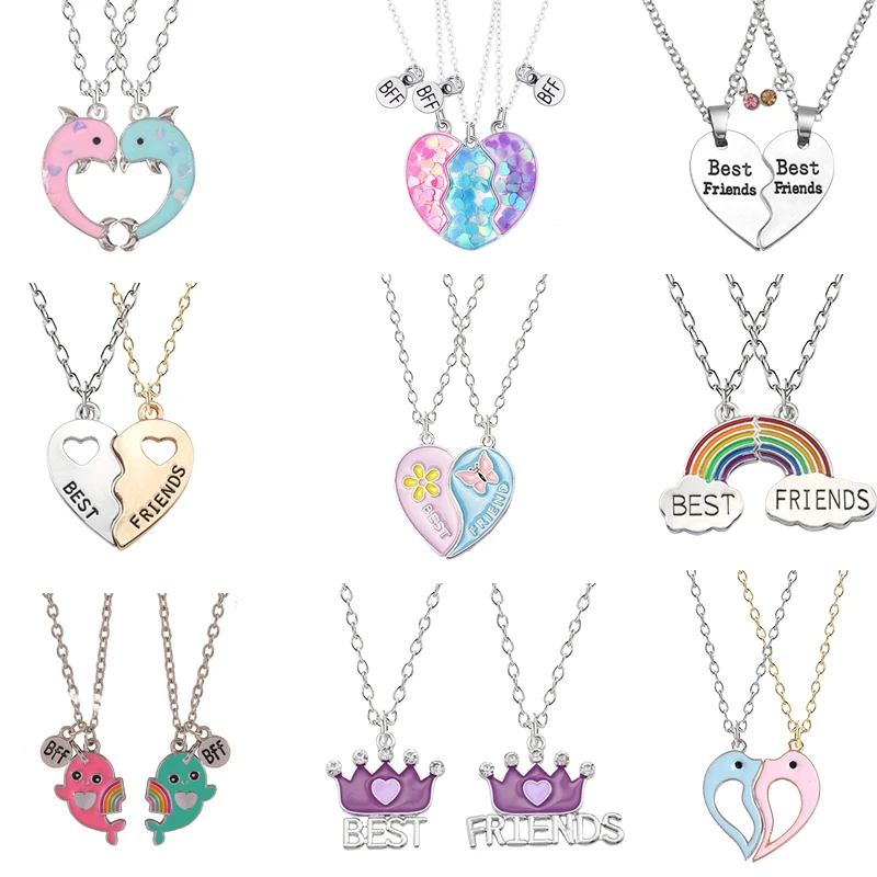 2 Pc Fashion Trendy Best Friends Honey Love Couple Pendant Necklace Rainbow Broken Heart For Women Chain BFF Friendship Jewelry