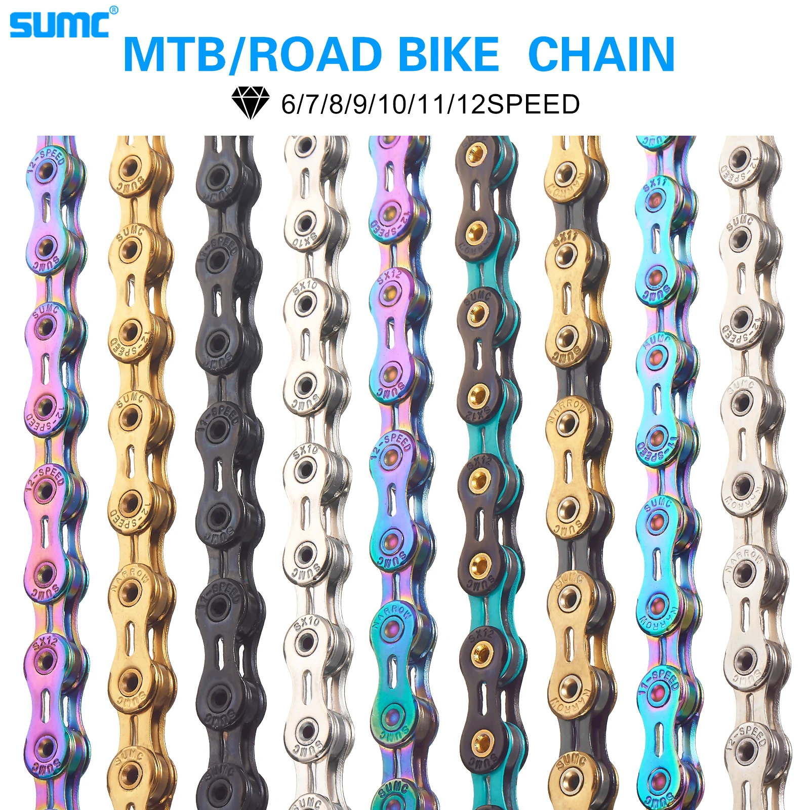 SUMC Bicycle chain Gold Rainbow Bike Chain X8 X9 X10 X11 X12 Super Light For 8 9 10 11 12Speed MTB/Road Bicycle 116L Hollow