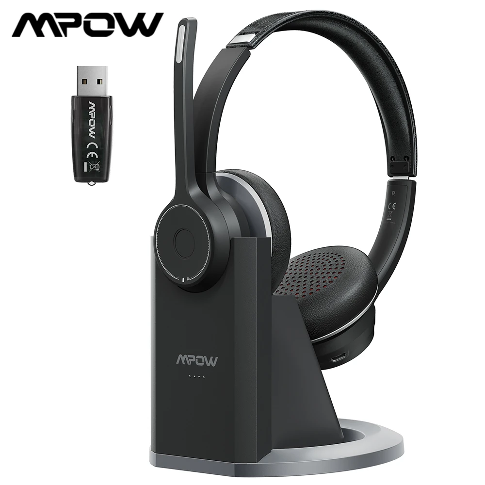 Mpow HC5 Pro Bluetooth 5.0 Headset with Charge Base And Dual CVC8.0 Noise-cancelling Microphone Wireless Office Computer Headset