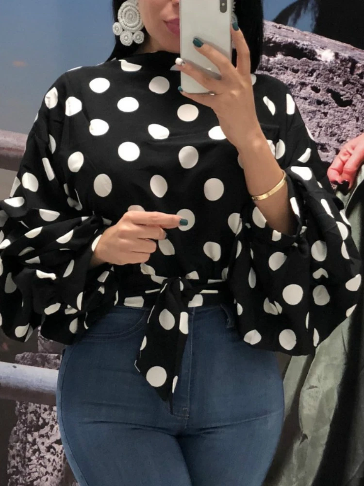 Women Polka Dot Blouses Tops Black Sashes Long Puff Sleeves White Red Big Size XXXL Ladies Fashion Casual Spring Summer Bluas