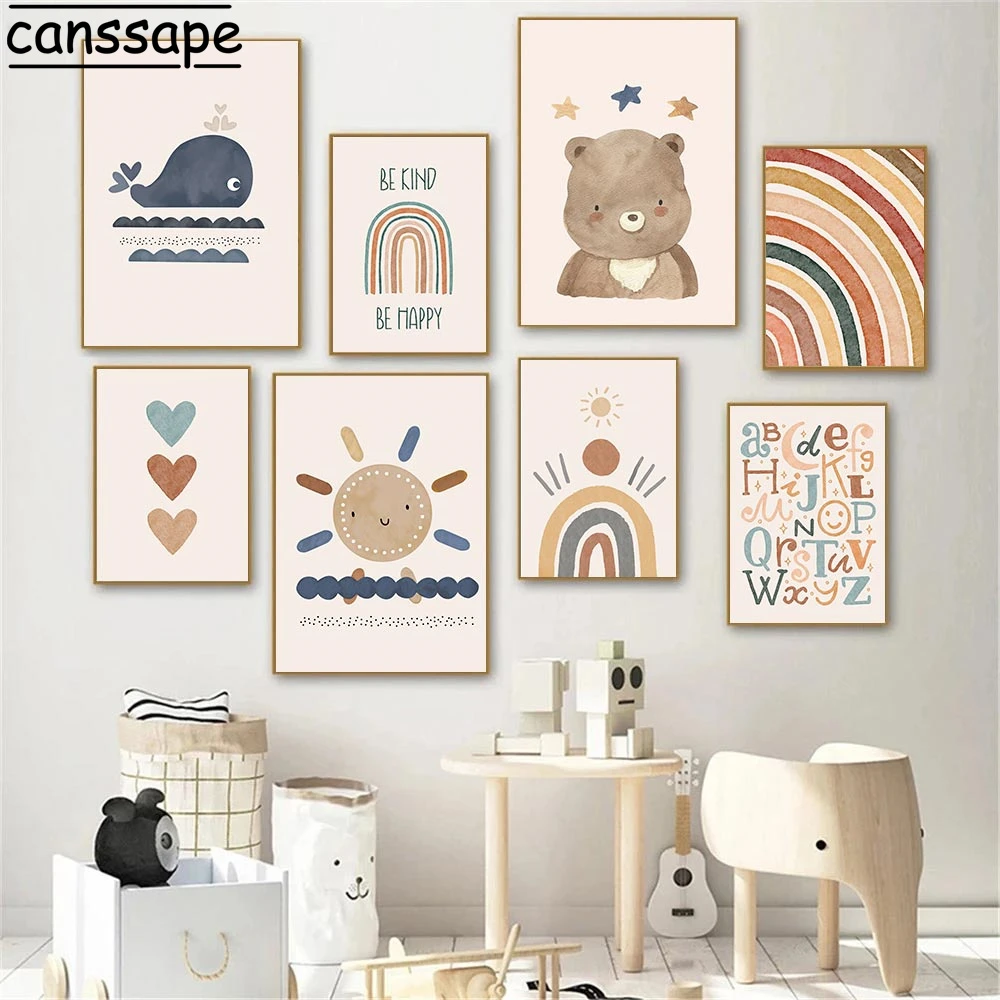 Boho Posters Lion Bear Canvas Painting Sun Rainbow Wall Art Print Alphabet Paintings Nordic Wall Pictures For Baby Room Decor