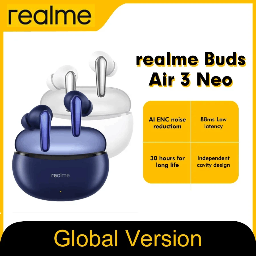 Original version realme Buds Air 2 ANC Wireless Earphone 25hrs Total Playback 88ms Super Low Latency 10mm Hi-Fi Bass Boost