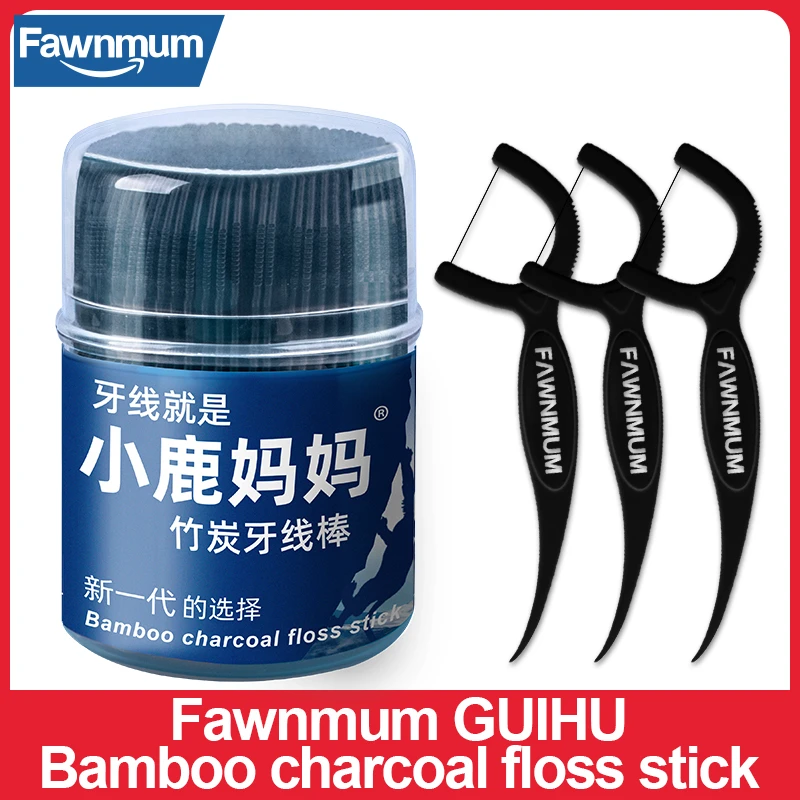 Fawnmum Dental Cleaning Bamboo Charcoal Dental Floss Picks Barreled Interdental Brush For Teeth Care Toothpicks With Thread Oral