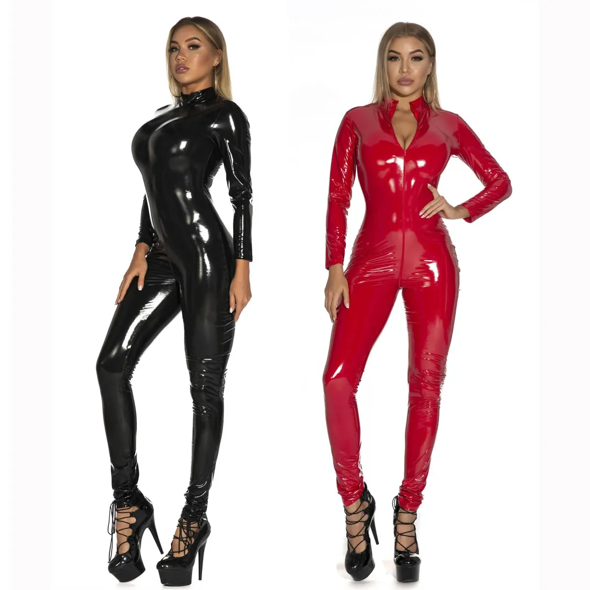 Large Size Latex Catsuit Faux Leather Women Jumpsuits Black wetlook PVC Bodysuit Sexy Bodycon Erotic Open Crotch clubwear