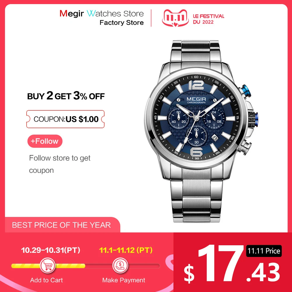 MEGIR 2020 Luxury Watches Men Top Brand Stainless Steel Waterproof Luminous Wristwatch Blue Sports Chronograph Quartz Watch Man