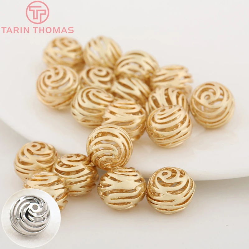 6PCS 10MM 24K Champagne Gold Color Plated Brass Hollow Rose Flower Spacer Beads Bracelet Beads High Quality Jewelry Accessories