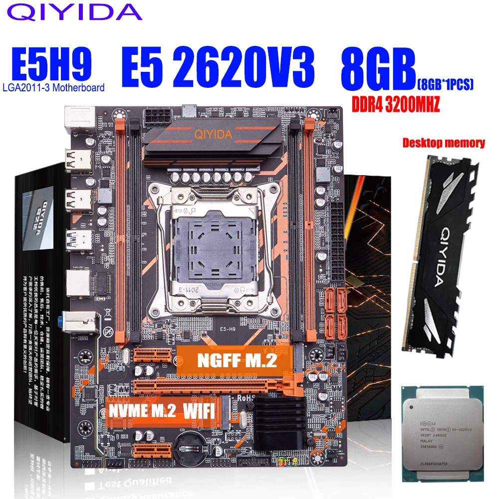 X99 motherboard with XEON E5 2620 V3 1*8G DDR4 2666MHZ REGECC memory combo Kit set NVME USB3.0 MATX Server Qiyida X99 H9