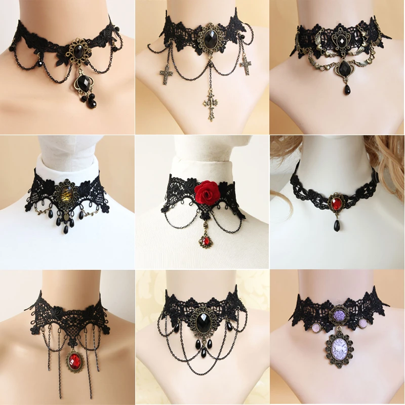 Gothic Black Lace Choker Necklace For Women Halloween Fashion Vintage Leather Flower Crystal Fake Collar Necklace Jewelry New