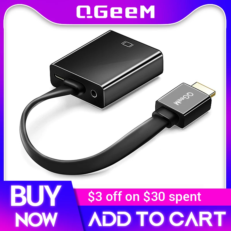 QGeeM HDMI to VGA Adapter Digital to Analog Video Audio Converter Cable HDMI VGA Connector for Xbox 360 PS4 PC Laptop TV Box