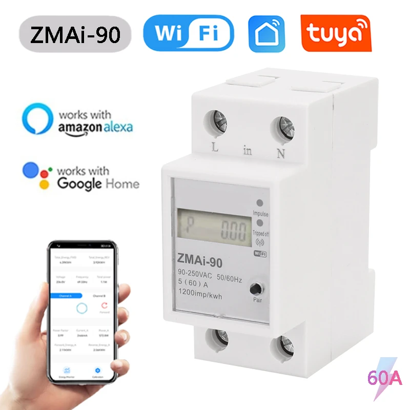 Single Phase Din Rail Wifi Smart Energy Meter Power Consumption Kwh Meter Wattmeter Support Smartlife/Tuya App Alexa Google Home