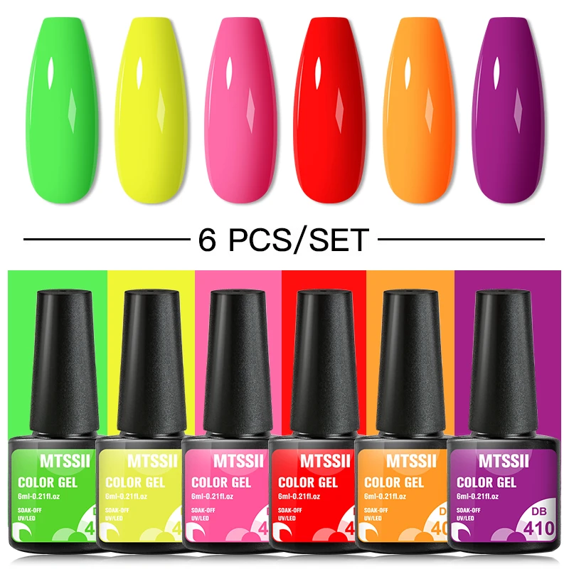 Mtssii 6PCS Gel Nail Polish Set Neon Bright Glitter Color Series Gel Vernis Semi Permanent Base Top Coat UV LED Nail Art Gel