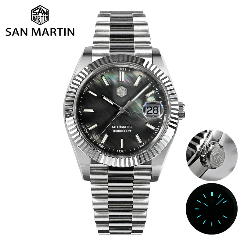 San Martin Men Watch 40mm Vintage MOP Dial Retro Business Luxury Sapphire Automatic Mechanical Watches Carving Bezel 10Bar
