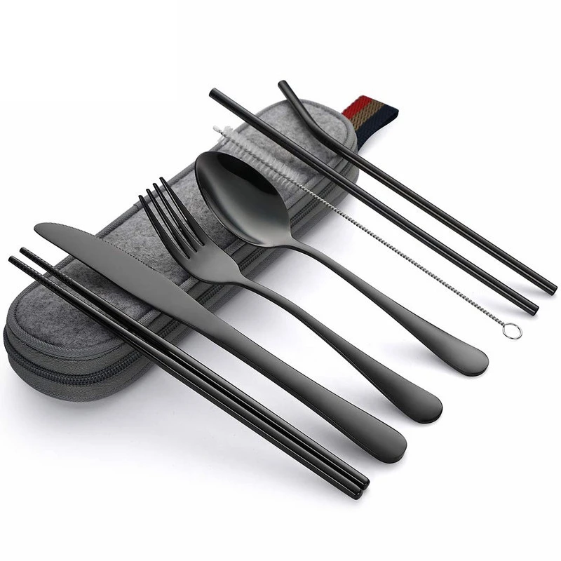 8Pcs/set Tableware Reusable Travel Cutlery Set Camp Utensils Set with stainless steel Spoon Fork Chopsticks Straw Portable case