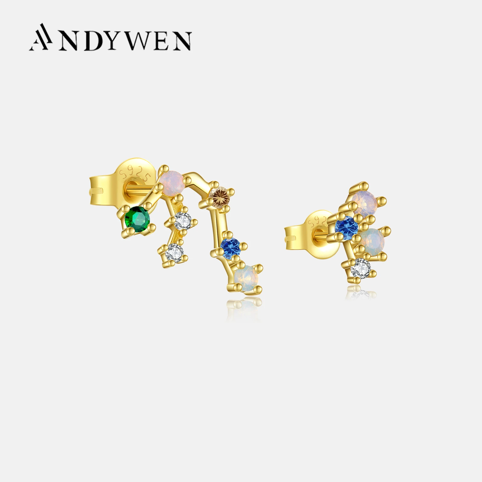 ANDYWEN 925 Sterling Silver Gold Spring Rainbow Line Zodiacs Tiny Stud Earring 12 Types Women Crystal CZ Zricon Fine Jewelry