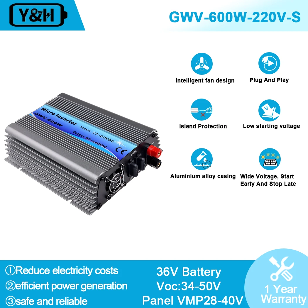 600W Grid Tie Solar Inverter MPPT Pure Sine Wave Micro Inversor DC30-55V PV Input AC120V/220V for 36V Solar Panel Home System