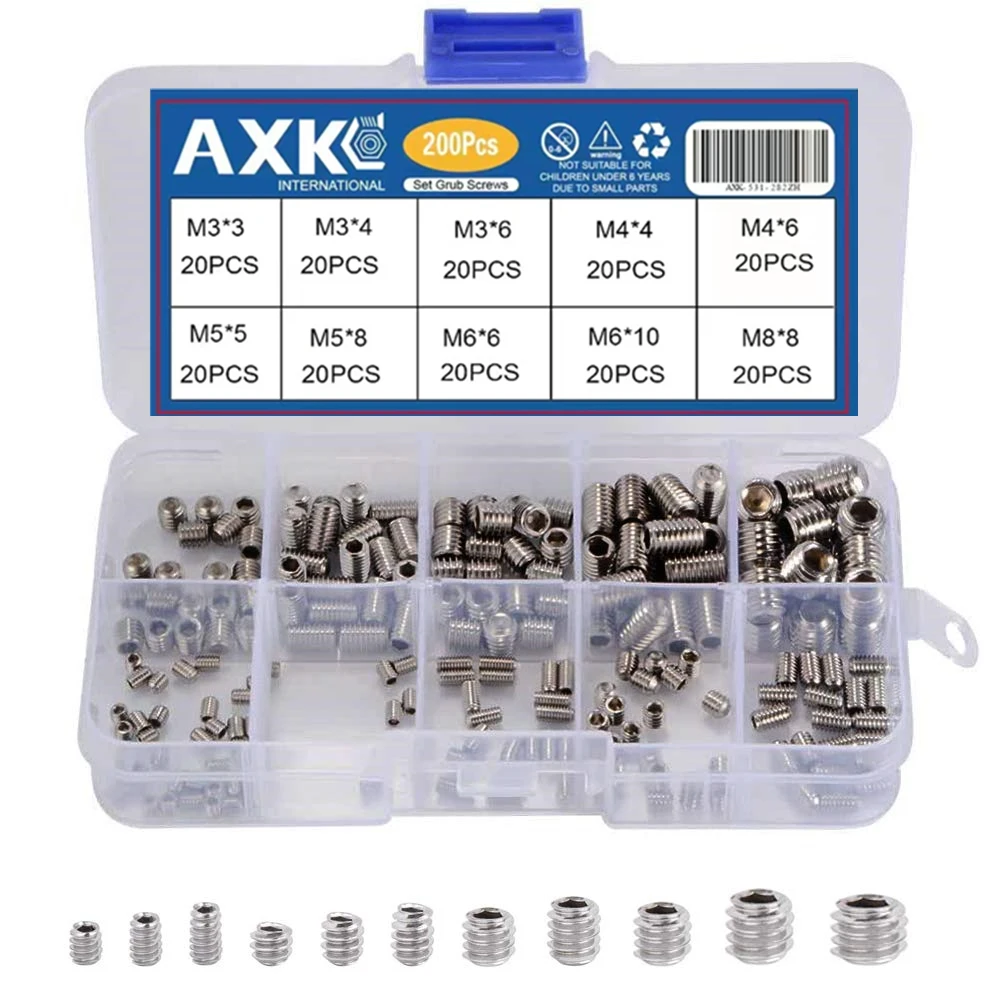 AXK 200Pcs Allen Head Socket Hex Set Grub Screw Assortment Cup Point Stainless Steel M3/M4/M5/M6/M8 With Plastic Box