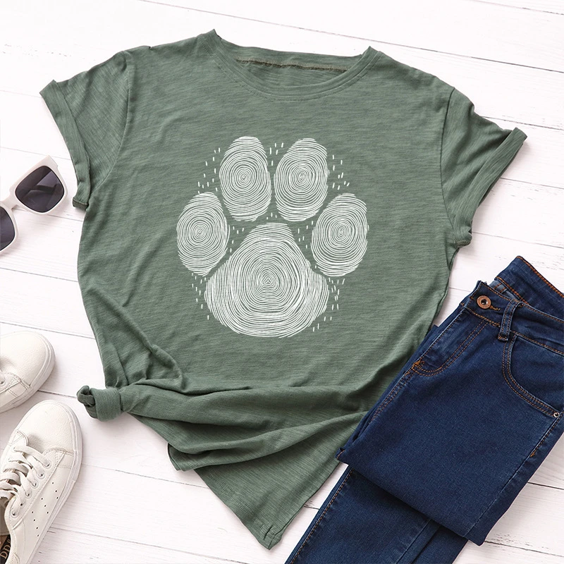 JCGO Summer Cotton Women T Shirt S-5XL Plus Size Short Sleeve Bear Paw Print Tees Tops Casual Simple O-Neck Female TShirts