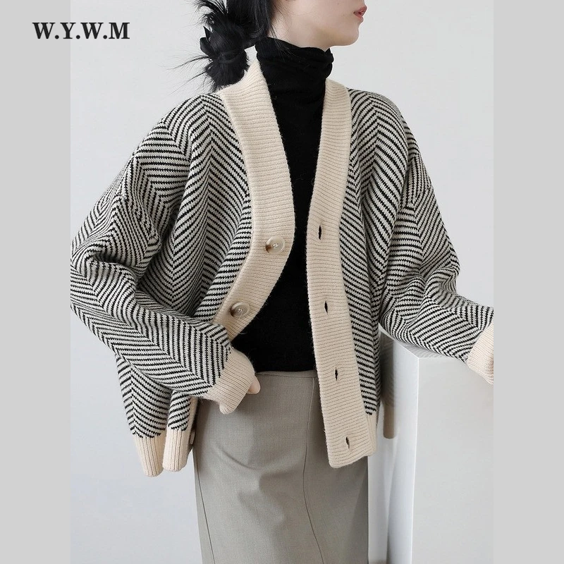 WYWM 2021 Fall Striped Knitted Cardigans Sweater Women Vintage Korean Chic Long Sleeve Coat Fashion Streetwear Loose Female Tops