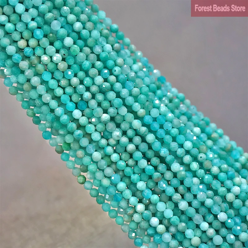 Faceted Blue Amazonite Natural Stone Round Loose Spacer Beads DIY Charms Bracelet Necklace for Jewelry Making 15'' Inch 2mm/3mm