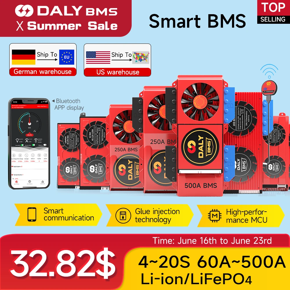 Solar daly smart BMS 4S LifePO4 16S 12V 24V 36V 48V 60V 72V 80A 100A 100Ah 3S 7S 8S 10S 12S 13S 14S 20S 24S CAN bus BMS Board