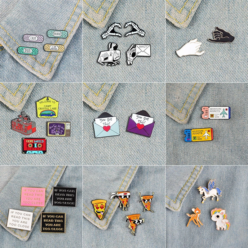 2-7 Pcs Set Badge Cartoon Matchbox Badge Pizza Sailboat Airplane Wound Sticker Enamel Brooch Fun Trendy Lapel Jewelry Gift