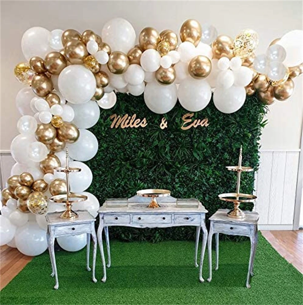 White Balloon Garland Arch Kit, White Gold Confetti Balloons 98 PCS, Artificial Palm Leaves 6 PCS  Wedding Birthday Decorations