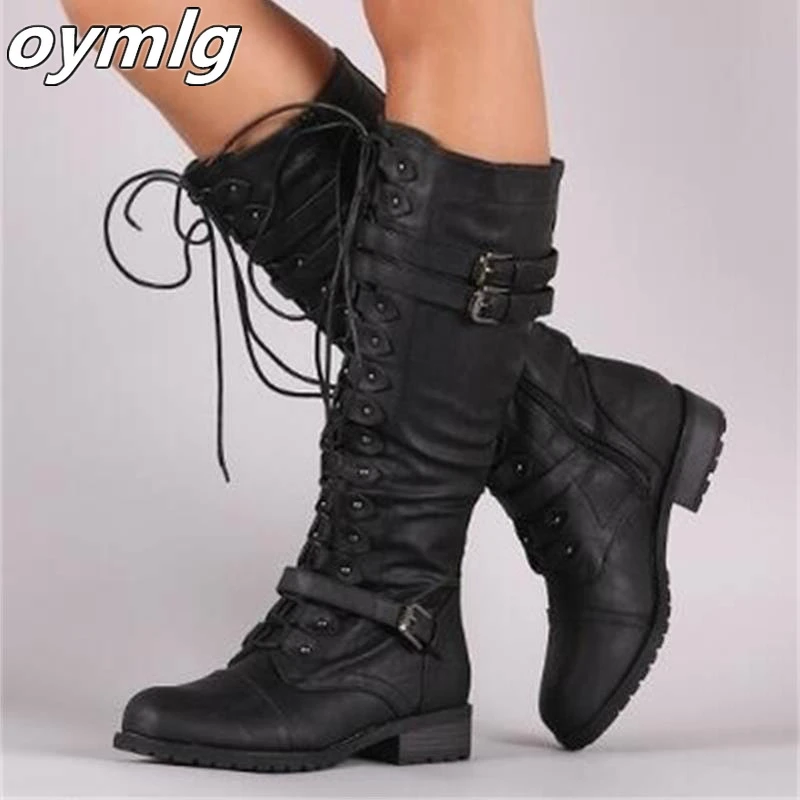 Knee High Women Boots Autumn woman shoes Winter Lace Up Vintage Flat Shoes Sexy Steampunk Leather Retro Buckle Ladies Snow Boots