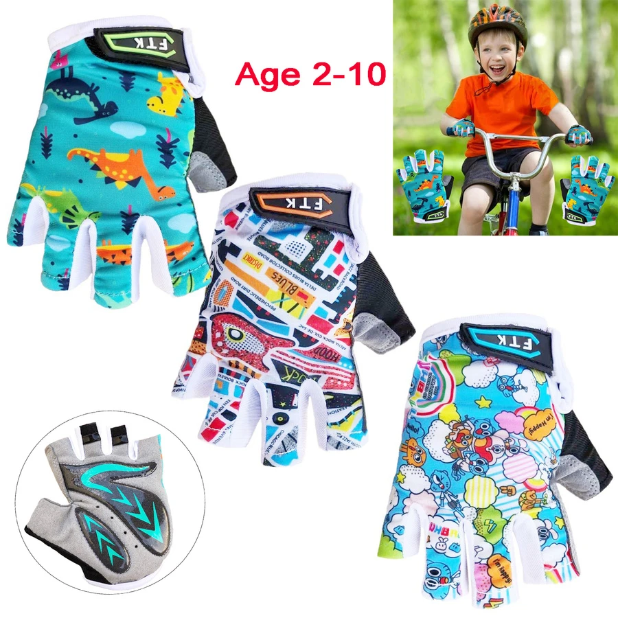 New Colorful Breathable Kids Half Finger Gel Biking Gloves Cycling Fingerless Glove Pair for Boys Girls Age 2-11