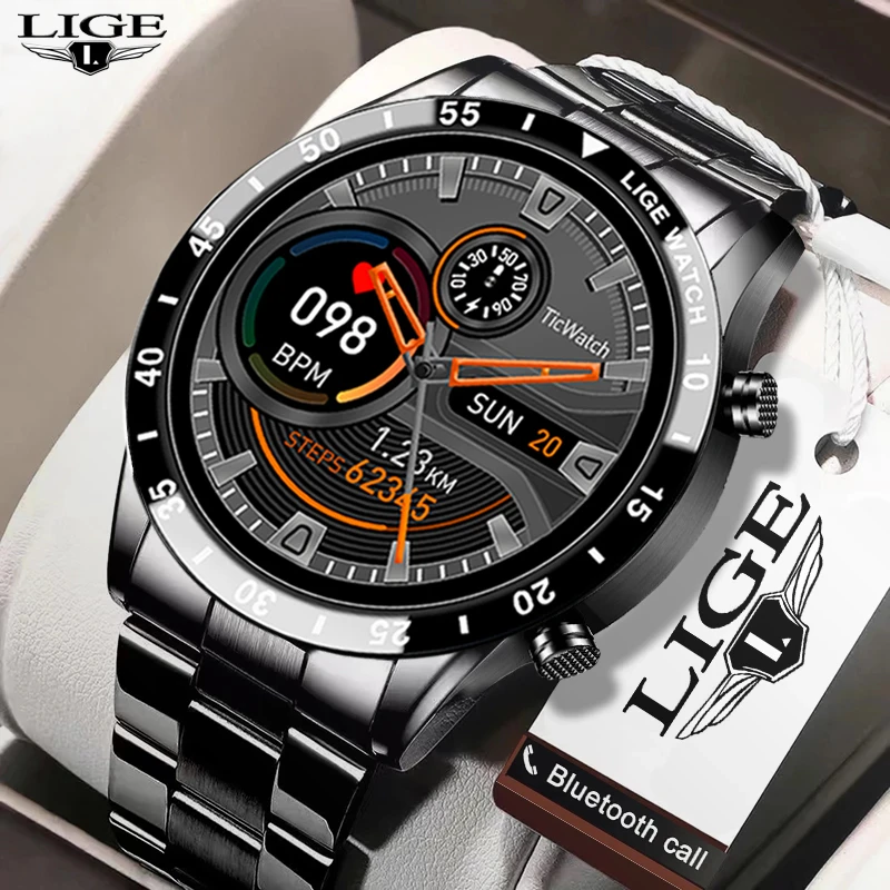 LIGE 2021 Full circle touch screen steel Band luxury Bluetooth call Men smart watch Waterproof Sport Activity fitness watch+box