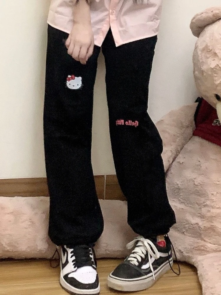 QWEEK Kawaii Jogging Sweatpants Women Harajuku Oversize Cartoon Print Black Joggers Sports Pants Soft Girl Style Trousers Femme