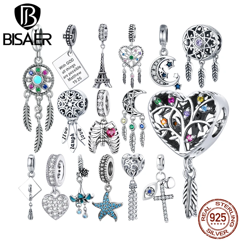 BISAER Starfish Moon Charms 925 Sterling Silver Summer Sea Starfish Moon STARS Pendants Charms Fit Bracelet Beads Jewelry Making